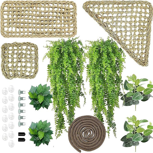 Woyrise 10Pcs Bearded Dragon Tank Accessories, Reptile Hammock Terrarium Plants Jungle Climbing Vines Habitat Decoration for Snakes Bearded Dragon Chameleon Gecko Lizard