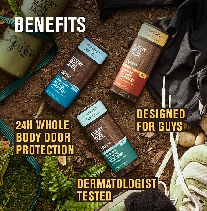 Every Man Jack All Over Deodorant - 24 Hour Whole Body Odor Protection - Aluminum Free - Coconut + Vanilla Scent 2.6 oz (1 Pack)