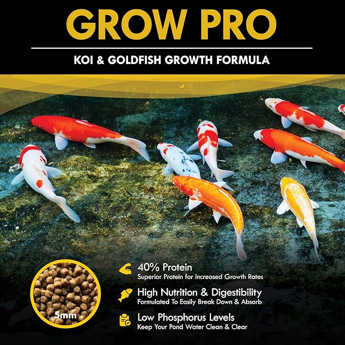 HALF OFF PONDS Grow Pro Koi Fish Food - 20 lb Floating Pellets, 5mm Size - Goldfish Food for Ponds - 40% Protein with Fish Meal & Probiotics - Designed for Rapid Growth & High Digestibility