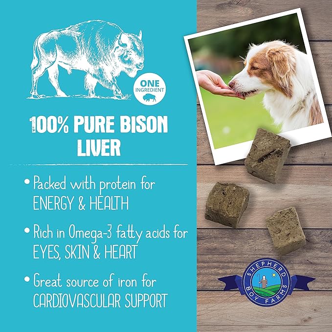 Shepherd Boy Farms Freeze Dried Dog and Cat Treats, Bison Liver, All Natural Freeze-Dried Dog Treat & Snacks, Made in USA, High in Protein, Essential Nutrition of Raw Food, 8oz