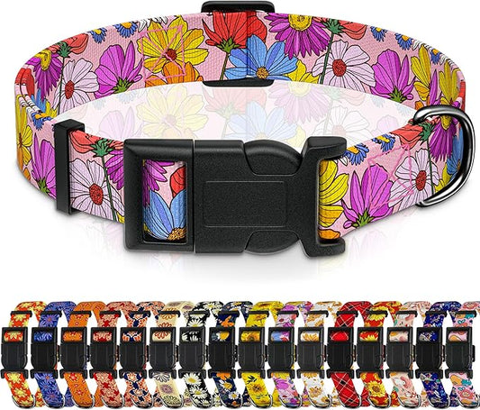 Dog Collar, Pink Floral Boys Girls Puppy Collar for Small Medium Large Dogs, Adjustable Soft Floral Pet Collar with Safety Buckle for Male Females(Pink Floral, M)