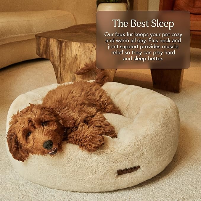 UnHide Floof Pet Bed - Medium (28" x 10") - Extra Soft Dog Bed - Removable Faux Fur Cover - Machine Washable - Helps Ease Pet Anxiety & Provides The Perfect Sleep - Taupe Ducky