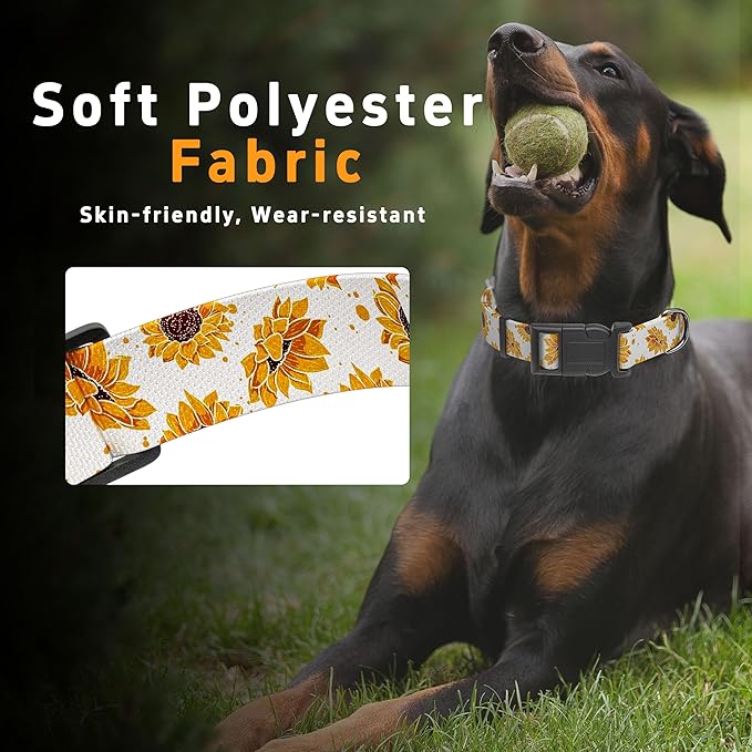 Dog Collar, Floral Boys Girls Puppy Collar for Small Medium Large Dogs, Adjustable Soft Pet Collar with Safety Buckle for Male Females (White Sunflower, M)