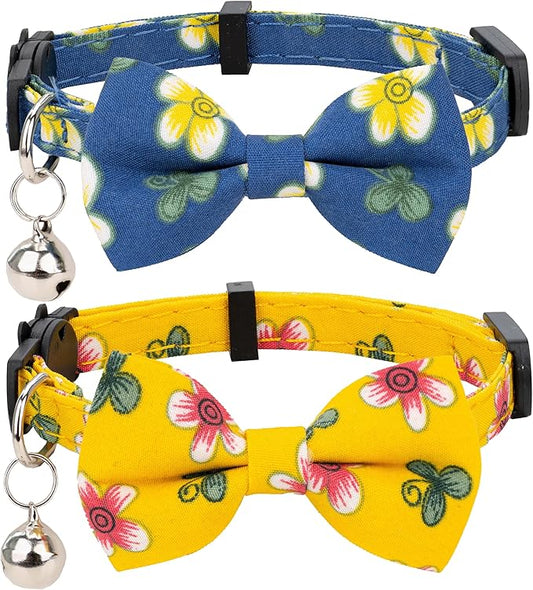 Collar for Cat Pet Breakaway with Bell Bowtie Detachable Bow Adjustable Safety Kitten Puppy Girl Boy 2pcs Flower-Blue & Yellow