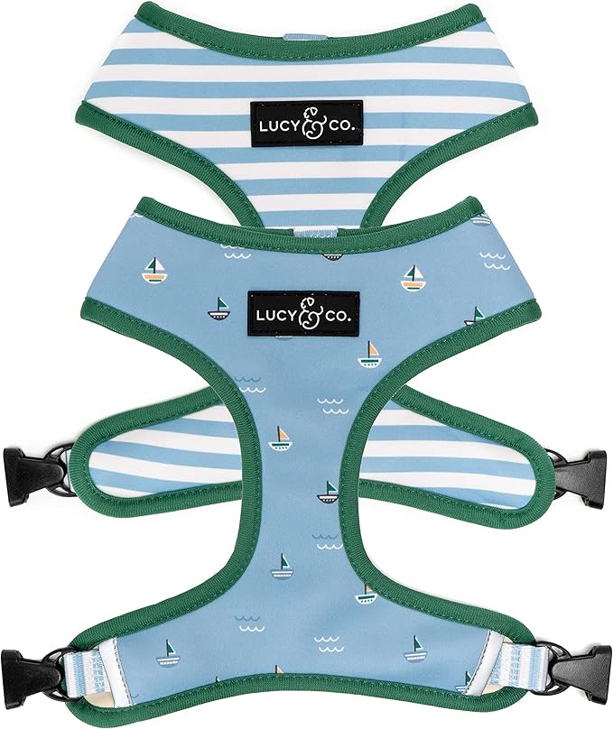 Lucy & Co. Set Sail Reversible Harness, Walking Halter - Best Designer Pet Harnesses for Small Dogs - Padded Adjustable Vest for Easy Walking, X-Small, Blue & White Stripes & Sailboats