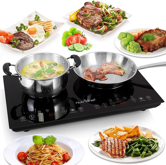 NutriChef Dual 120V Electric Induction Cooker - 1800w Portable Digital Ceramic Countertop Double Burner Cooktop w/ Kids Safety Lock - Works w/ Stainless Steel Pan / Magnetic Cookware