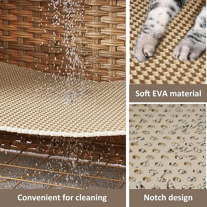 Cat Litter Box Enclosure with Soft Litter Mat; Hidden Cat Washroom Furniture with Door; Handwoven Rattan Cat House; Pet Crate for Living Room, Bedroom, Balcony (Natural)