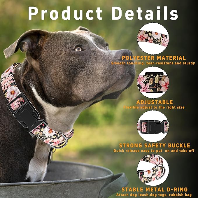 Dog Collar for Boys Girls, Floral Puppy Collar for Small Medium Large Dogs, Adjustable Floral Pattern Soft Pet Collar with Safety Buckle for Male Females(Light Pink,XS)