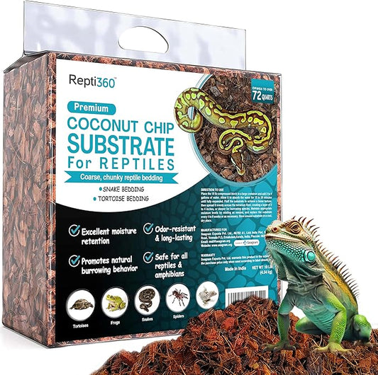 Premium Coconut Chip Substrate for Reptiles | 10 LB Compressed Block Expands to 72 Quarts | Natural Bedding for Ball Python, Tortoise, Bearded Dragon Habitats