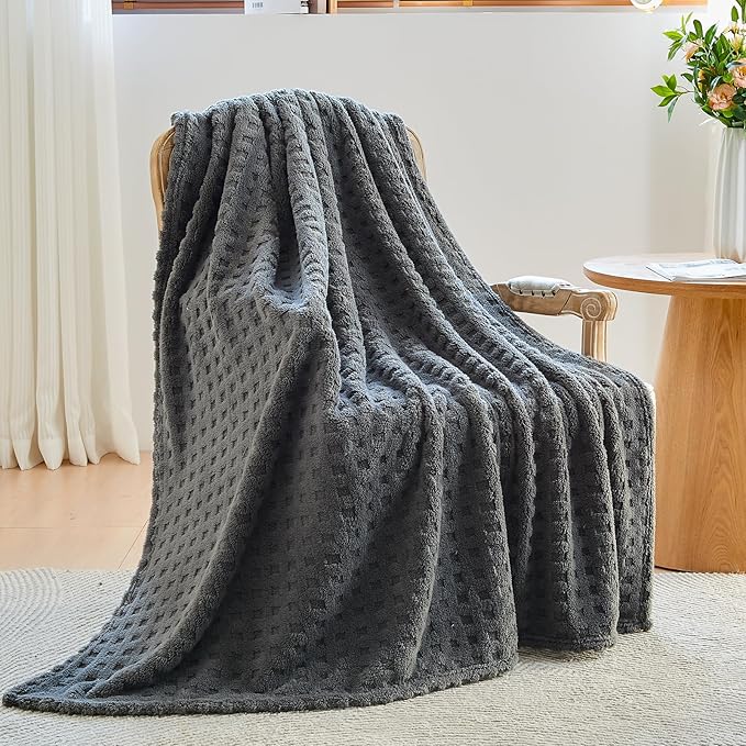 NEWCOSPLAY Super Soft Queen Blanket Grey Premium Silky Flannel Fleece 3D Waffle Checkered Lightweight Bed Blanket All Season Use (Dark Grey, Queen(90"x90"))