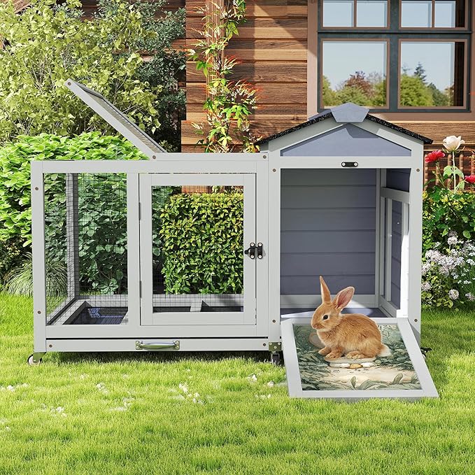 COZIWOW 38.5inches Durable Wooden Rabbit Cage Indoor，Wide Space Small Animal House with Removable Tray&Safety Lock，Rubbit Hutch with Waterproof Roof&Solar Panels (Grey with Pattern)